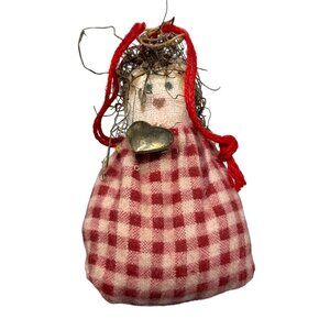 Vintage Handmade Cloth Doll Ornament With Red Gingham Dress & Heart Charm READ